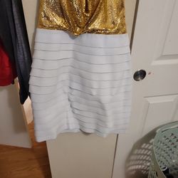 white /gold dress 