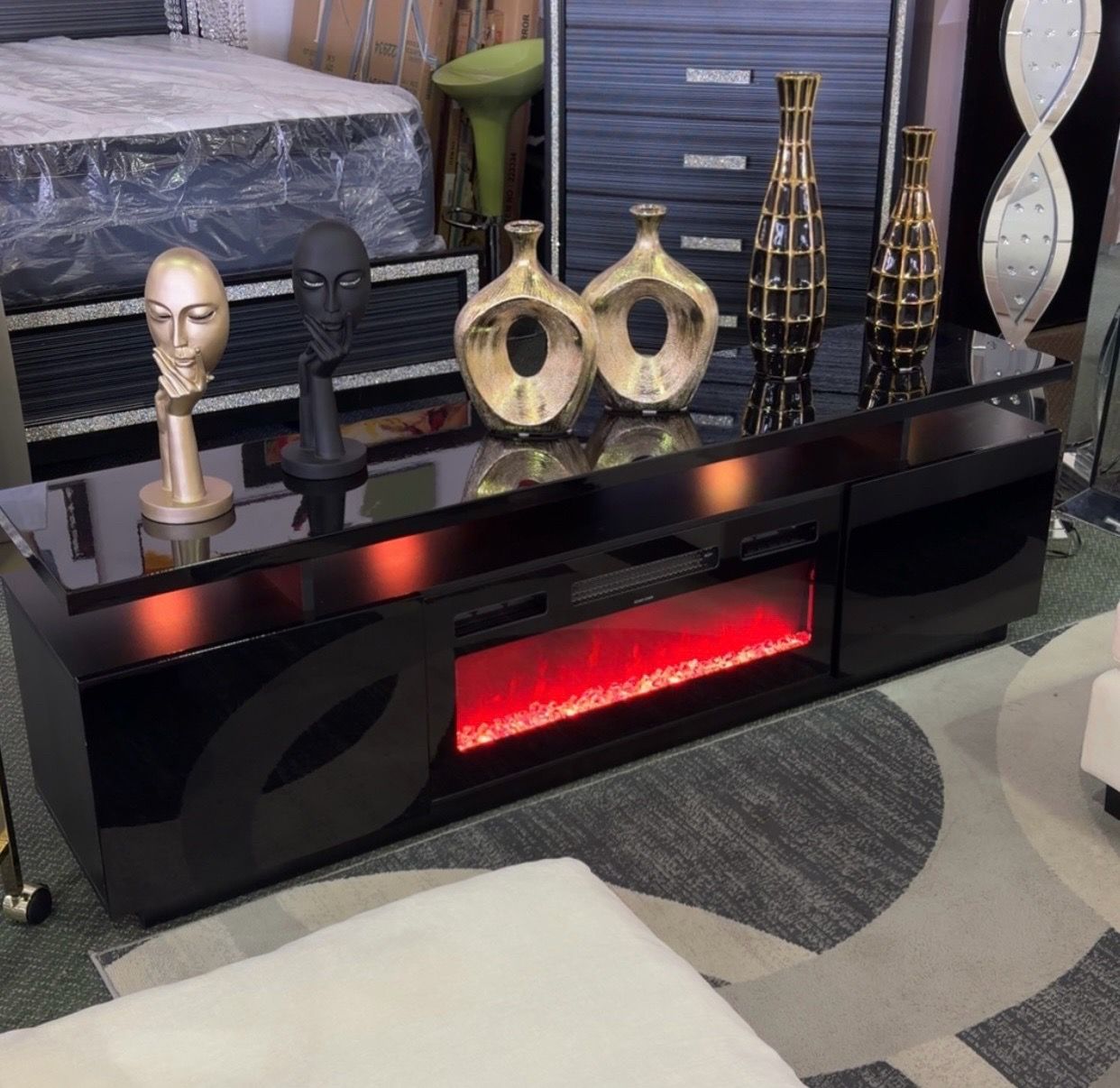 TV STAND in Black - FIREPLACE & LEDβs - HEATER