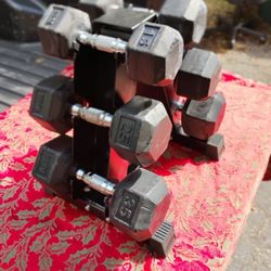 PRETTY USED  YORK  RUBBER  DUMBBELLS (ALL HANDLES ARE TIGHT) WITH  HEAVY DUTY PYRAMID RACK   (PAIRS OF)  :  35s  25s  15s 