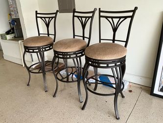 Set of Three Upholstered & Iron Swivel Barstools
