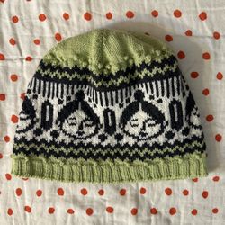handknit by me spring green faces & baubles beanie