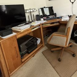 Four Pieces Solid Oak Office Desk /  Computer /  Printer Space Organizer  With Drawers & Filing Cabinet Including Office Chair Only Cash