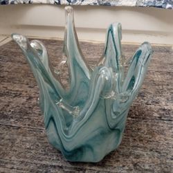 Water Splash Blown Glass Art Vase Turquoise Shade Waves Gold Flecks

