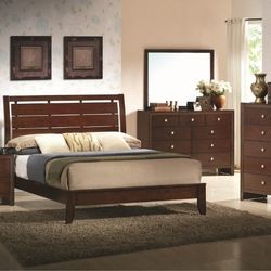 Brand New Brown Queen Bedframe + Dresser + Mirror + Nightstand 4PCs Bedroom Set