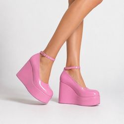 Women's Pink Patent Platform Wedge Mary Jane Heels, 6.5