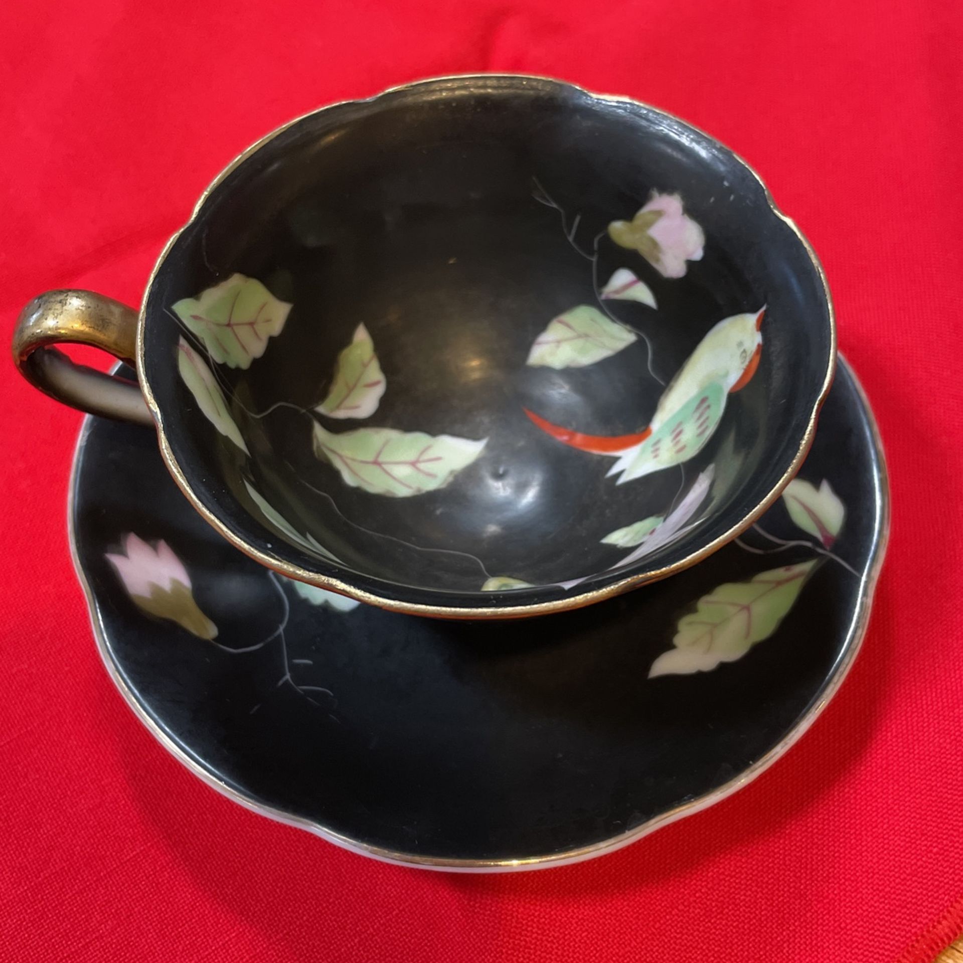 Unique Teacup And Saucer Collectible Set Black Bird Flower