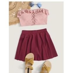 SHEIN Pink and Red Bikini Set with Ruffle Details