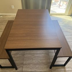 Modern Wood Dining Table with 2 Benches  Sturdy & Space Saving