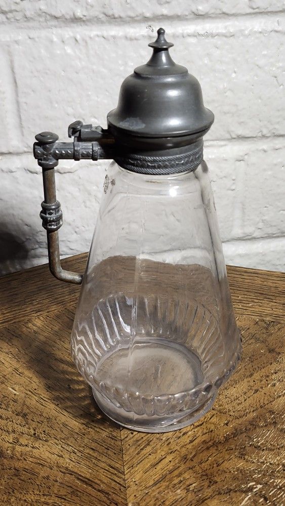 Antique Signed A.A. Adams Syrup Glass Pitcher W/ Pewter Lid