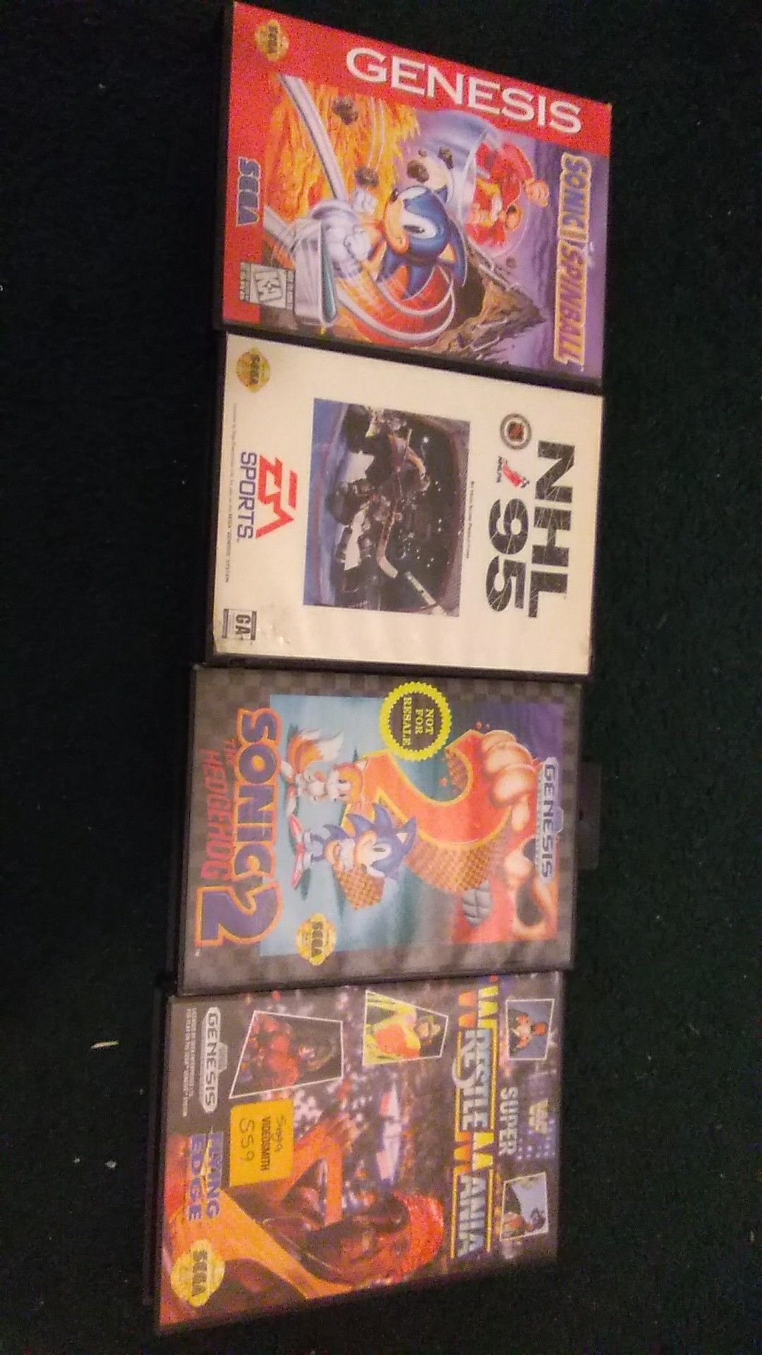 I have 4 Sega Genesis games. Sonic the hedgehog spinball,nhl95, Sonic the hedgehog 2,super wrestle mania