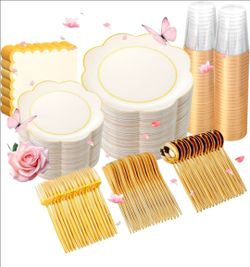 350Pcs Ivory Gold Rim Heavy Duty Plastic Plates Dinnerware Set
Scalloped Disposable Plates Set Serves 50 With 10.25" Dinner And 7.5" Dessert Plates Cu