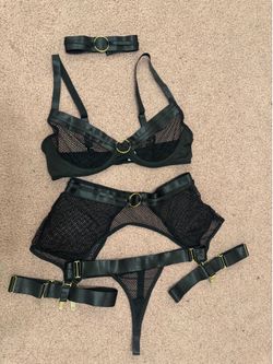 New small black mesh lingerie set garter belt bralette festival rave goth outfit
