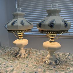 1973 Vintage Abigail Adam’s Large Blue Floral Hurricane Lamps (Pair)