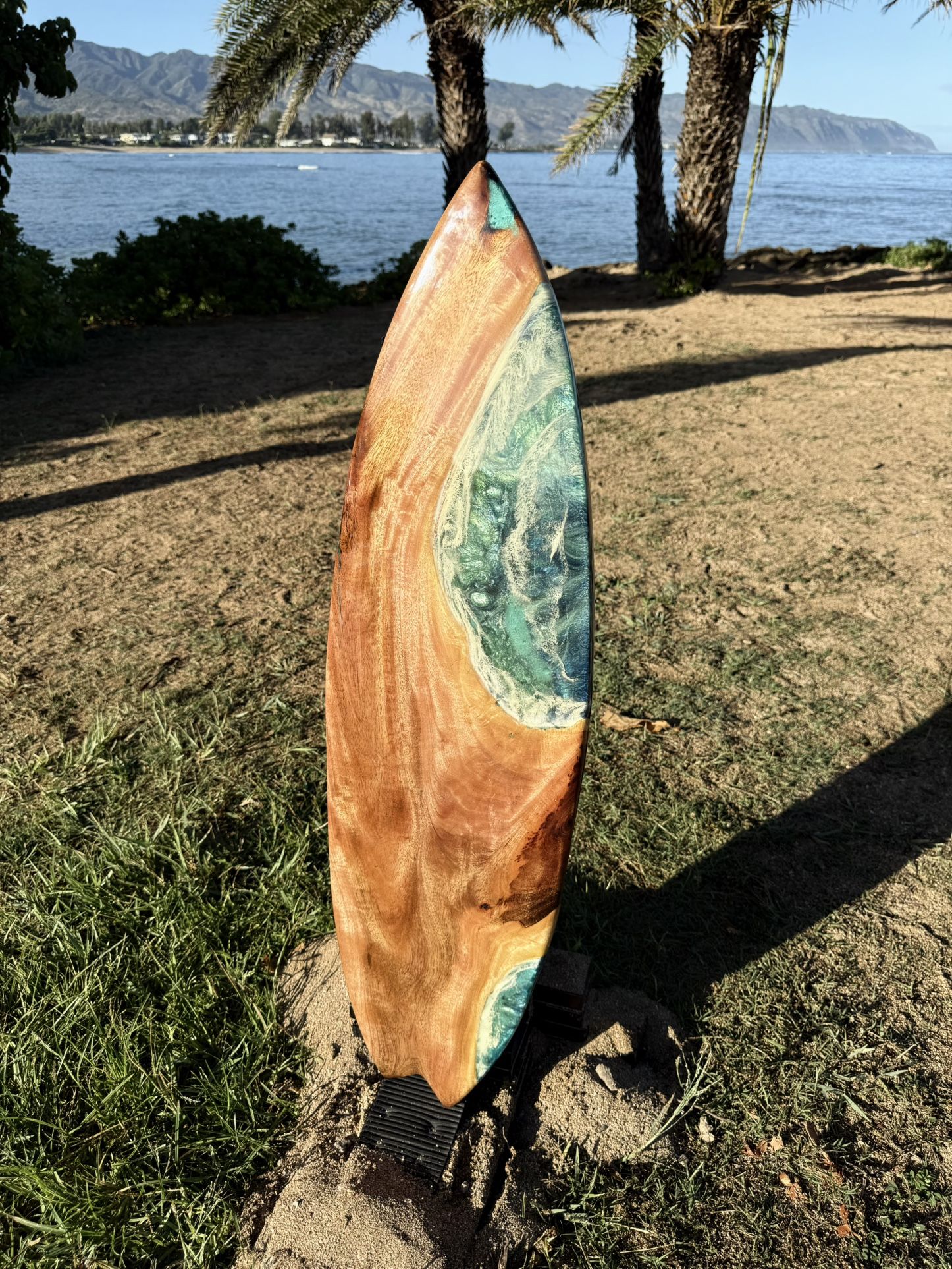 Surfboard Art, Hawaiian Kamani Wood 38 Inches Ocean Epoxy