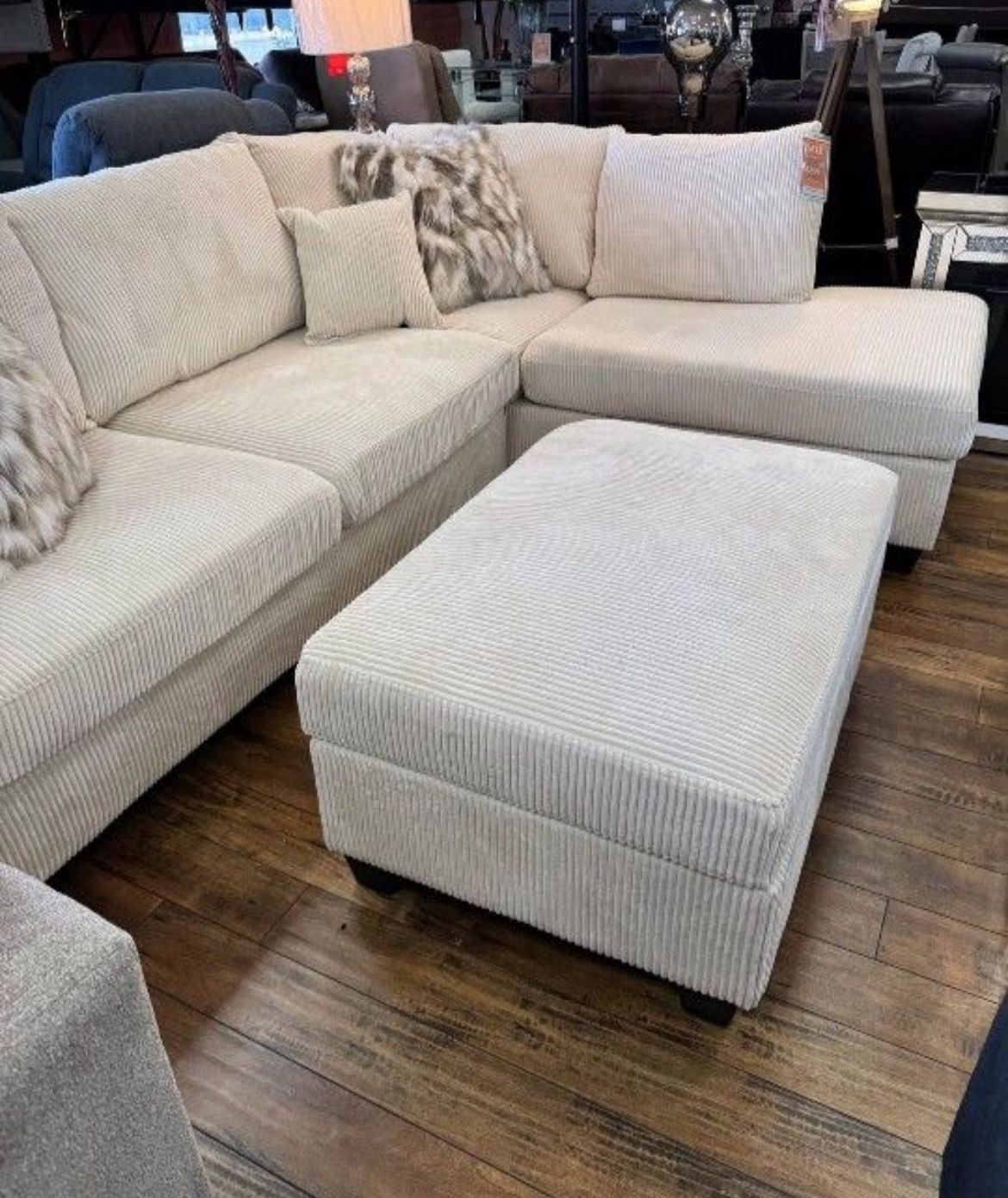 Brand new ivory color corduroy Sectional Sofa with usb charging and storage ottoman