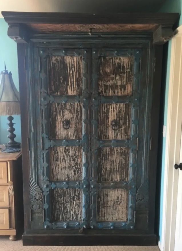 Antique Indonesian Hand Carved Rustic Distressed Patina Wood Armoire Bali Style