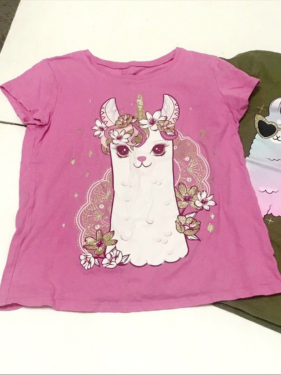 Children's place crew Neck Short Sleeve Llama pink t tee shirt top girls size M Medium 7/8