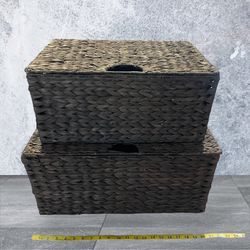 ⚜️ Set of 2 Large CasaField Water Hyacinth Storage Baskets w/ Lids - Dark Brown💫