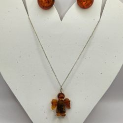 Vintage Genuine Amber Sterling Clip On Earrings And Angel Necklace