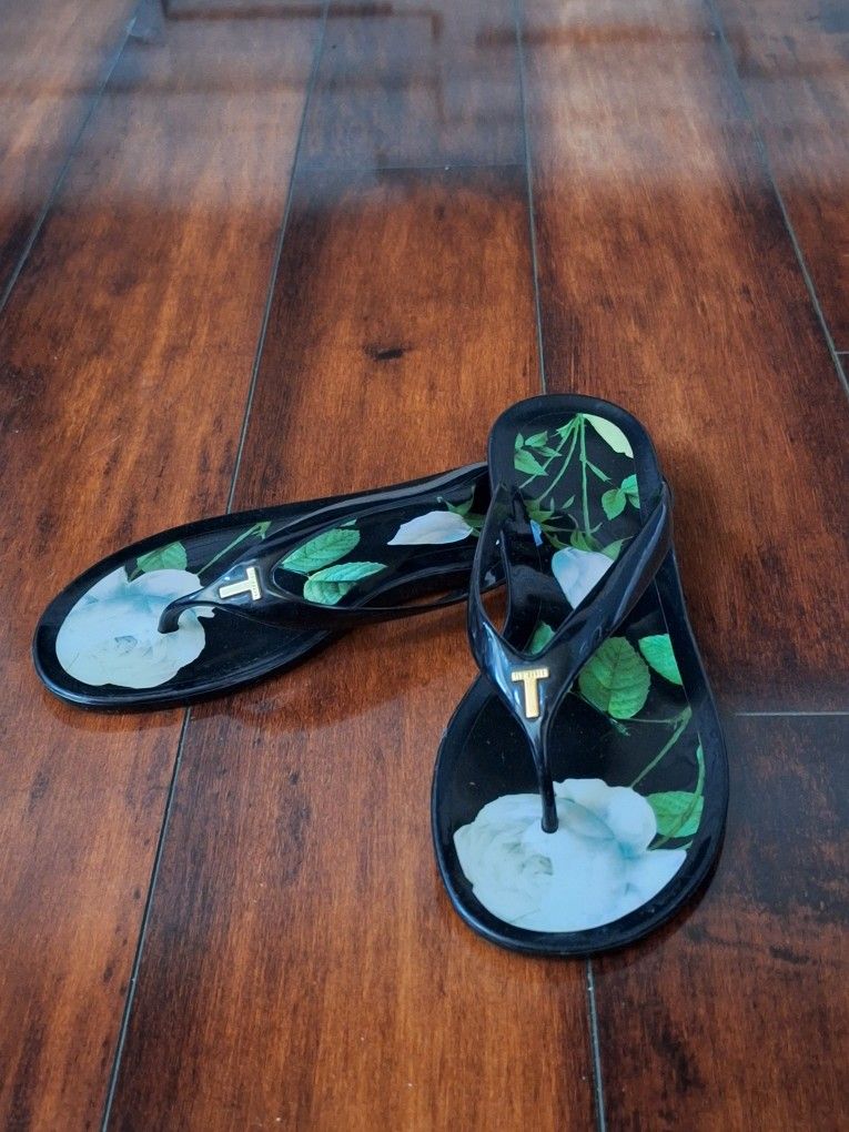 Ted Baker Floral Black Flip Flops Size US 8