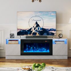 Fireplace TV Stand with 36" Electric Fireplace, LED Light Entertainment Center, Modern Wood Texture Entertainment Stand with Highlight Storage Cabinet