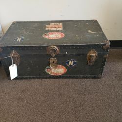 Vintage Wood Steamer Trunk Foot Locker With Everlasting Lock