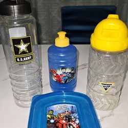 Monster Jam Tire Water Bottle, Justice League Water Bottle, U.S. ARMY water Bottle And Avengers Sándwich Box