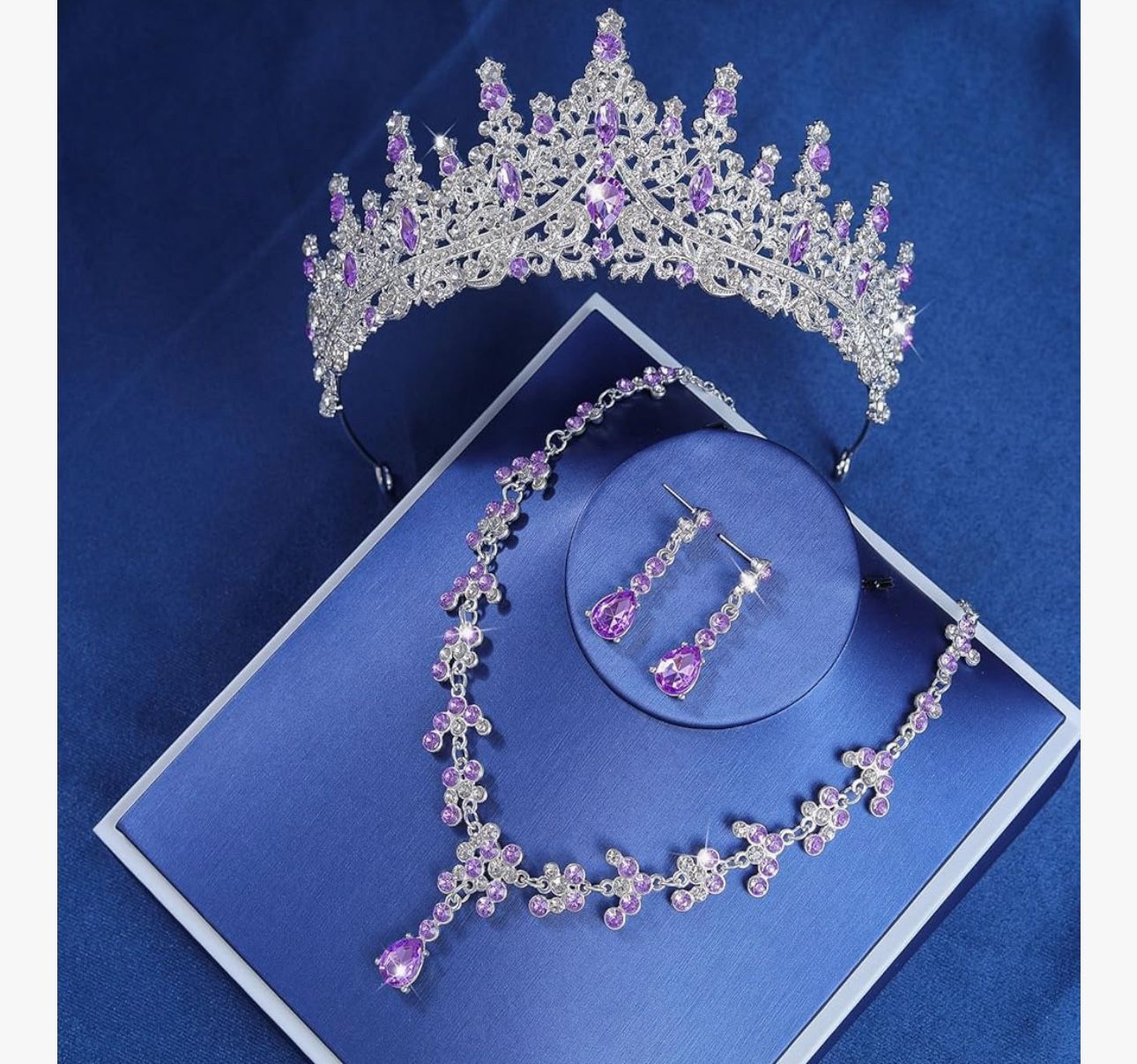 NEW Tiara Crown Jewelry Set, Rhinestone Silver Crown, Silver And Purple Crown, Silver And Purple Necklace Earrings, Quinceanera, Sweet 16