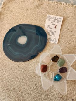 Agate Crystal Display Plate + 7 Chakra Healing Stones Set | Meditation Reiki Gift Set