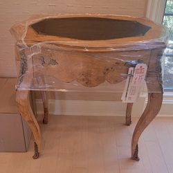 French Antique Leather Top Desk w Drawer Inlaid Top Table