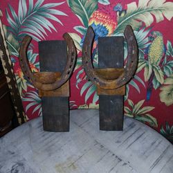 2 Horseshoe Iron & Wood Rustic Wall Sconces Candle Holder