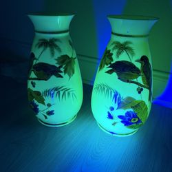 2 Uranium Glass Hand Painted Vases EXTREMELY RARE 