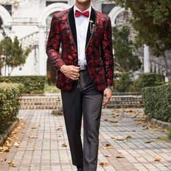 Men's Velvet Floral Blazer, One Button Tuxedo Jacket, Shawl Lapel Suit Coat for Dinner Prom Party Wedding