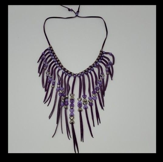 Vintage Long Purple Leather Heart-Shaped Beaded Fringe Necklace 