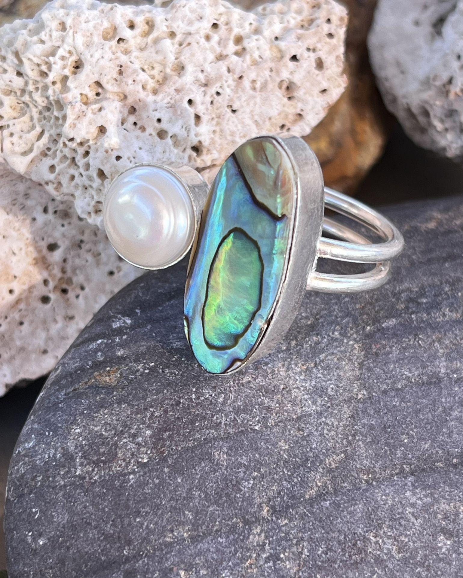 Natural Abalone Shell & Pearl Sterling Silver Ring Sz 8