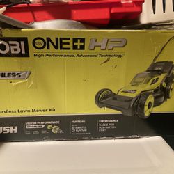 Brand new Ryobi 18V brushless 16” lawn mower kit plus two batteries and charger