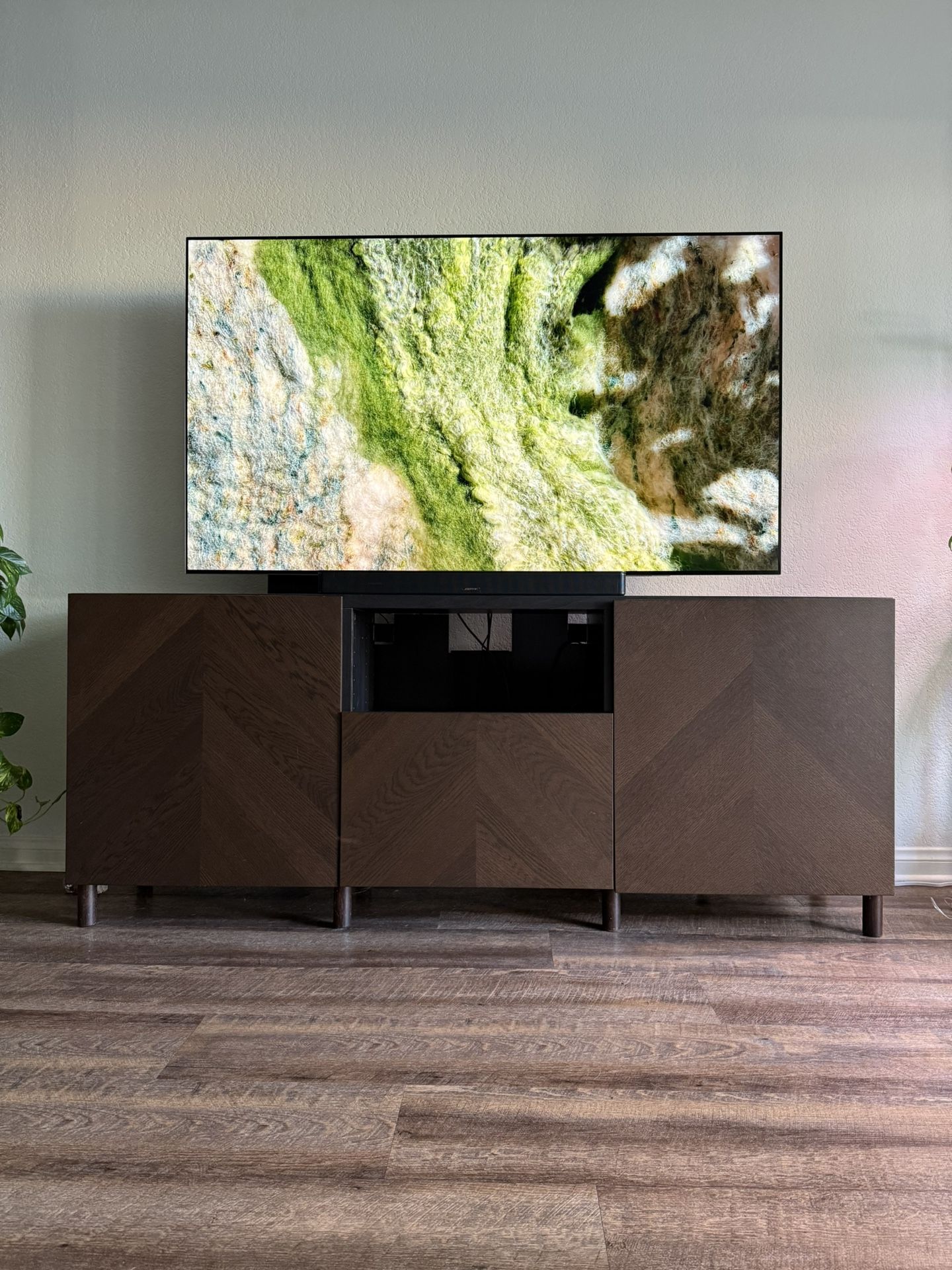 Modern Custom TV Stand with Push-Open Doors + Large Storage + Govee Lighting — Great Condition