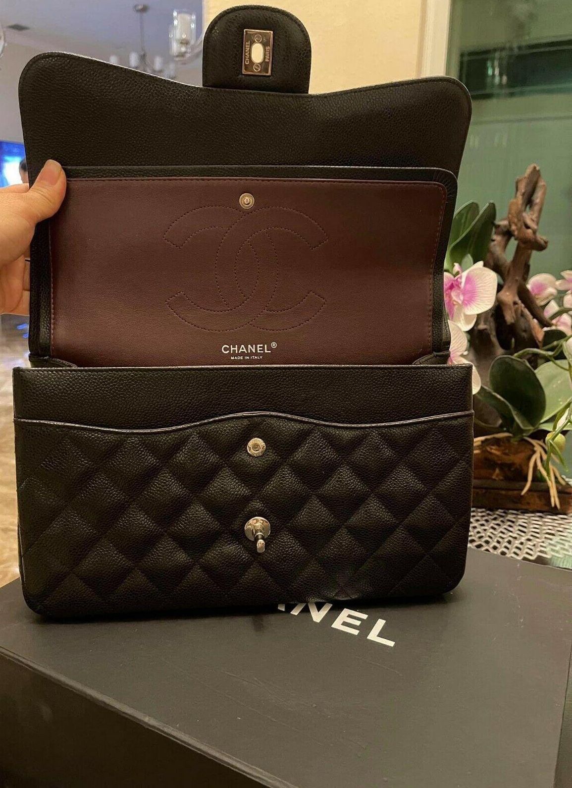 CHANEL classic black caviar calfskin silver chain ladies shoulder bag