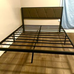 Modern Metal Bed Frame w/ Upholstered Headboard – Sturdy – Must Go Today