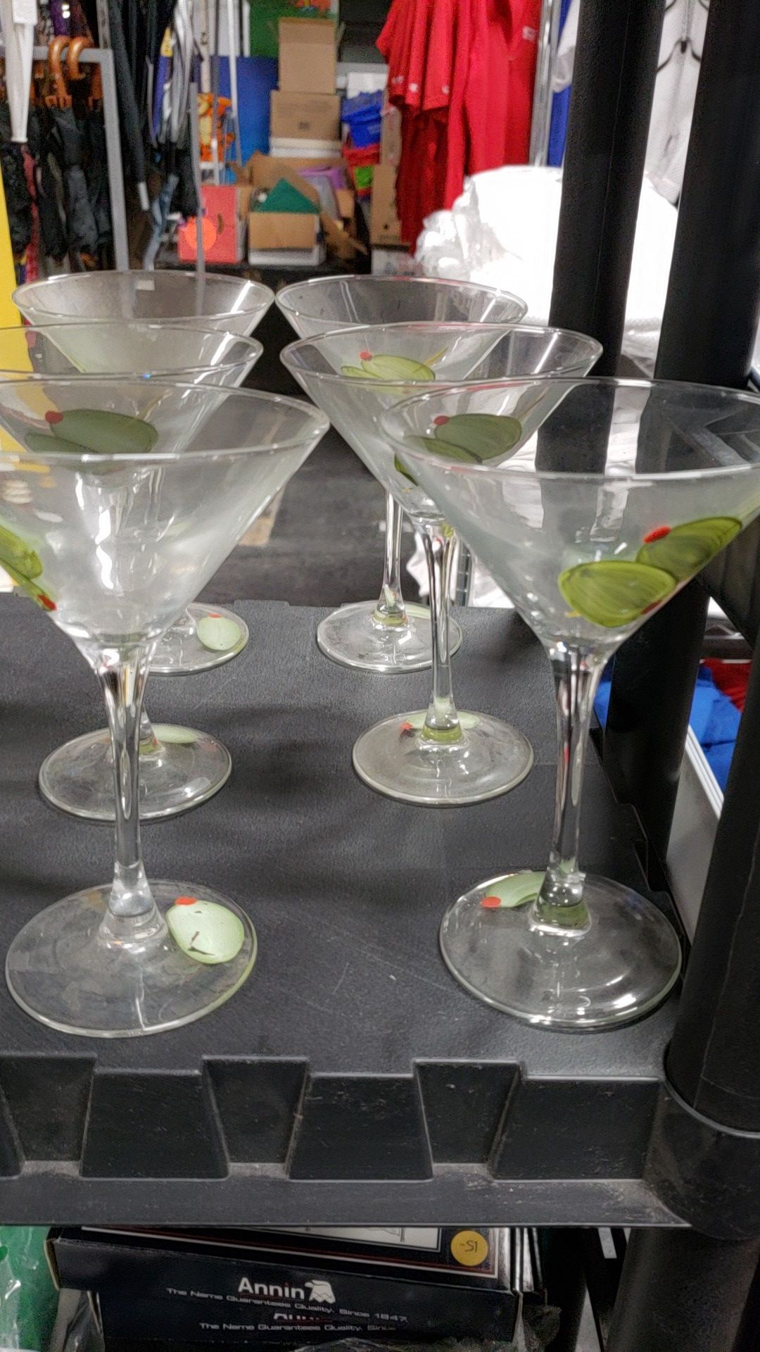 6 Hand Painted Novelty Green Olive Martini Glasses