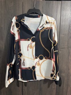 Chain and Belt Print Button-Up Blouse