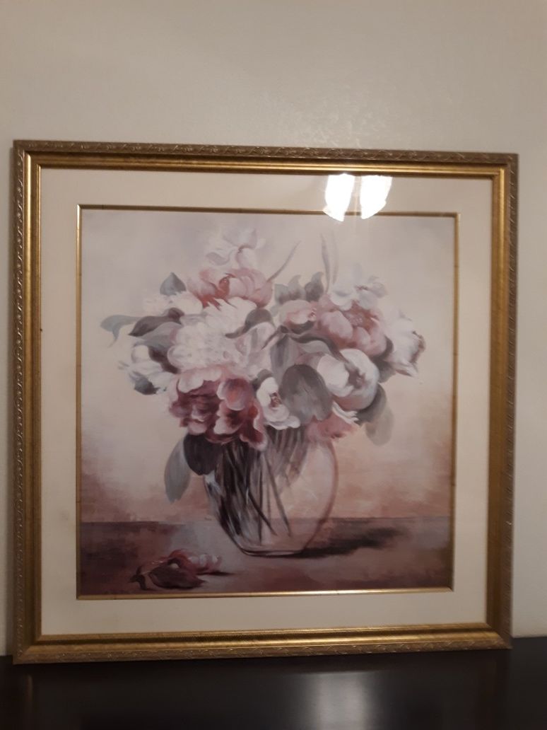 Beautiful picture, nicer in person fabric mat, goldish bronze, beautiful frame, from Arron Bros frame store. Paid new 300.00