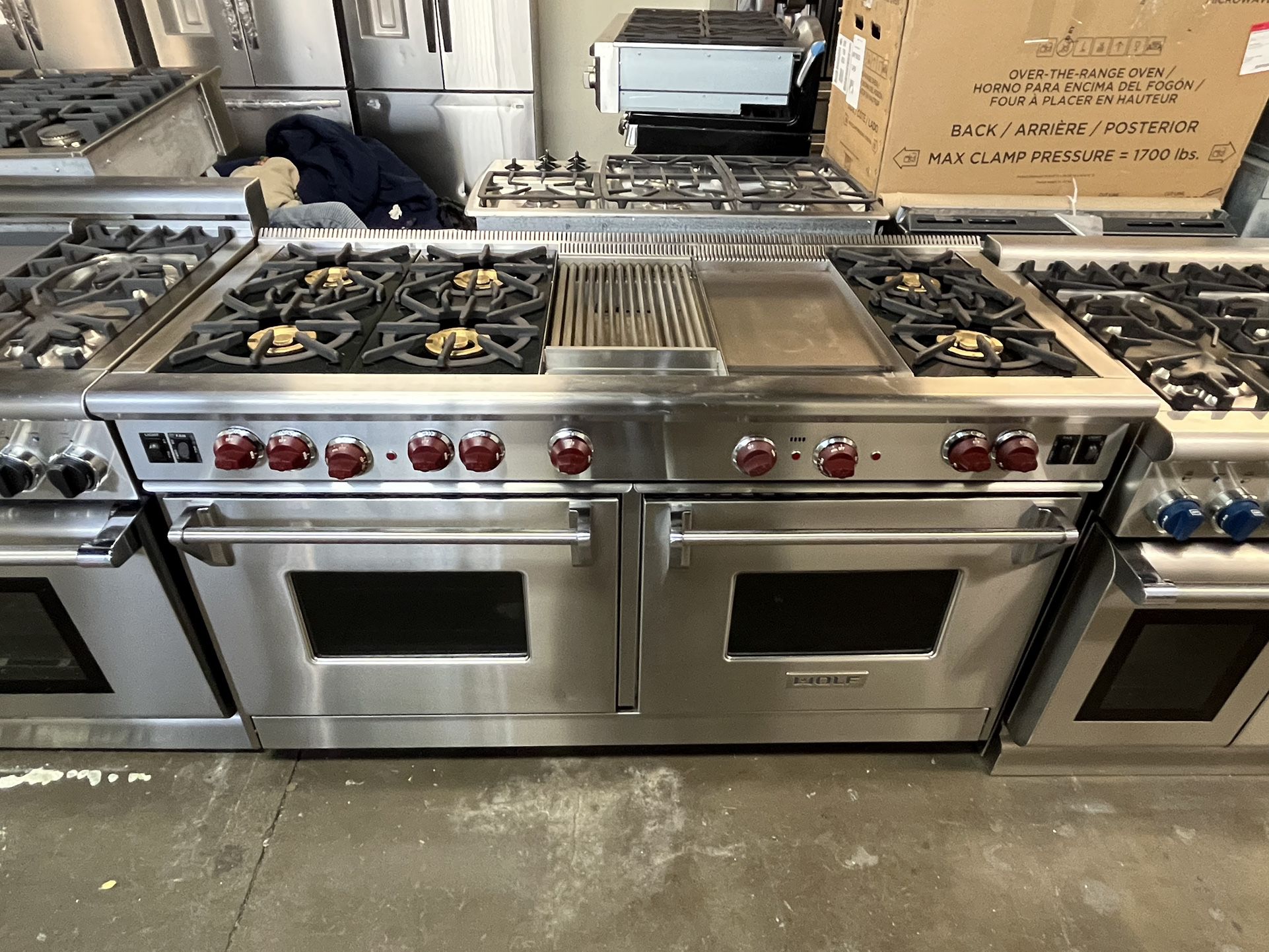 WOLF 60” STAINLESS STEEL STOVE WITH RED KNOBS 