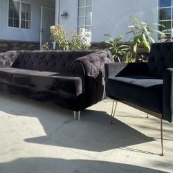 Black Velvet Sofa Armchairs Set 