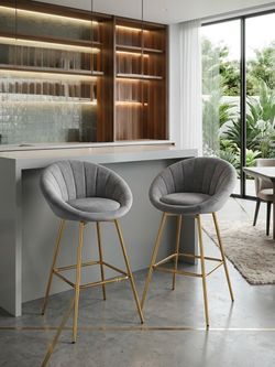 29”Grey Velvet Swivel Bar Height Stools Set of 2– Modern Upholstered Bar Chairs