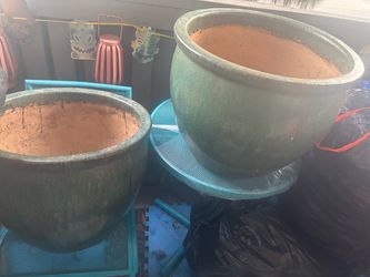 2-Large Dark Green Glazed Ceramic Planter