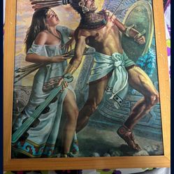 The painting depicts an Aztec warrior carrying a woman