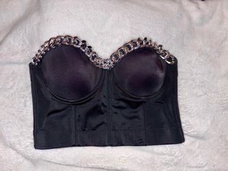 Black Satin Bustier Crop Top with Chain Trim