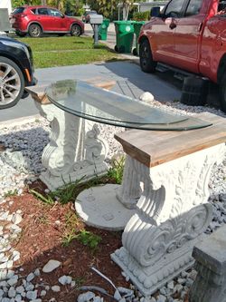 Stone And Wood Table Snd Statue Planter