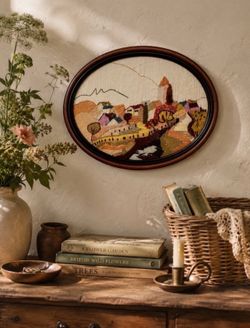 Vintage French Tapestry Needlepoint Framed Decor Coastal Grandma Village Scene